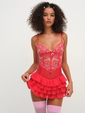 NWT For Love & Lemons Heartbeat Lace Slip Dress Bodysuit with Ruffle Skirt